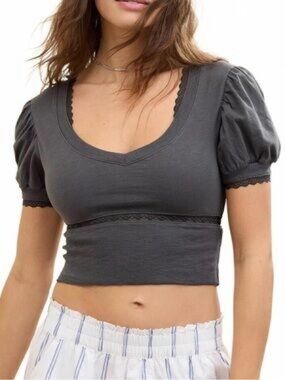 Aerie Gray Cropped Puff Sleeve Retro Lace Top Cotton Blouse Women's Size Small